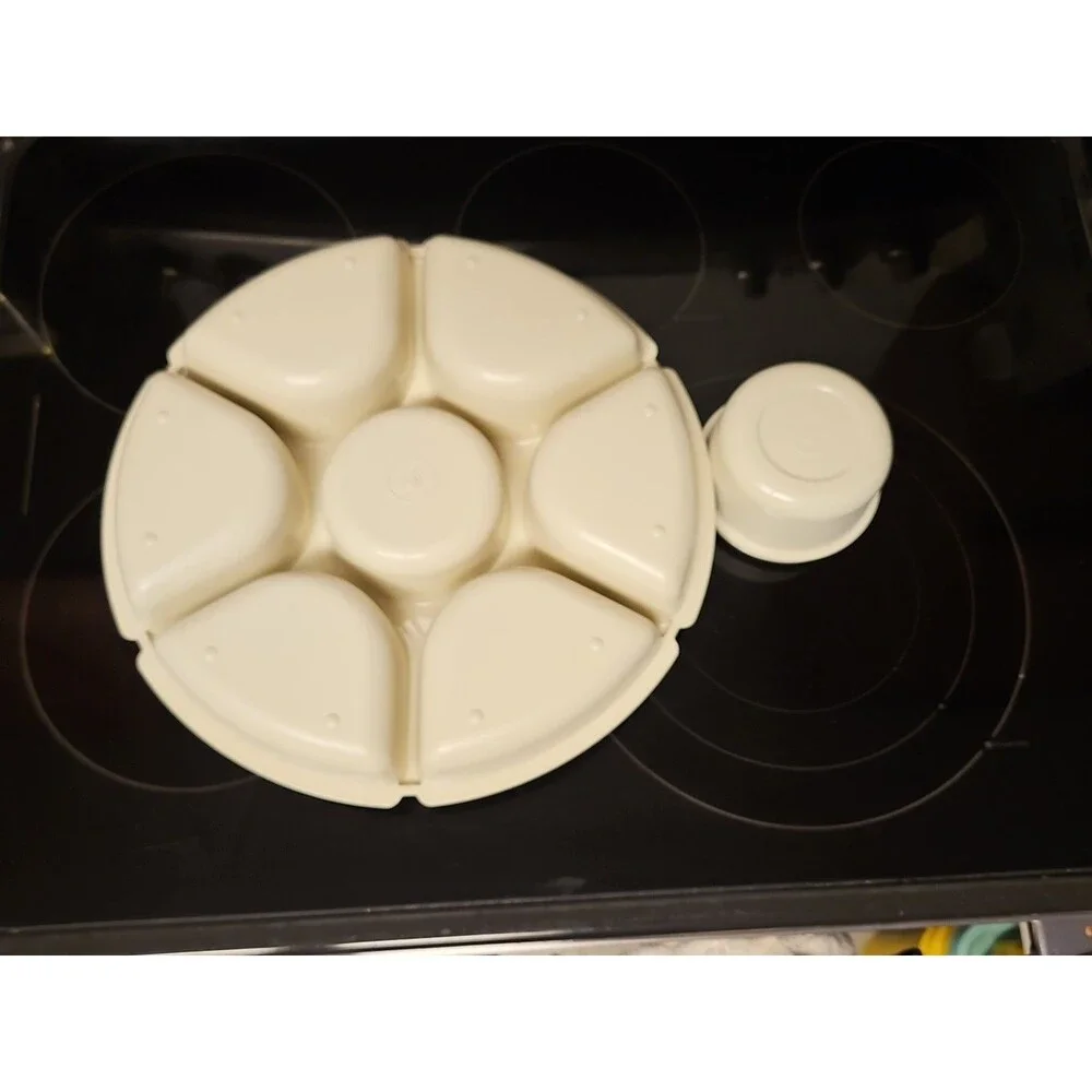 Tupperware Divided Serving Tray 1665-3 Almond With Lid & Dip Bowl 3 pc set